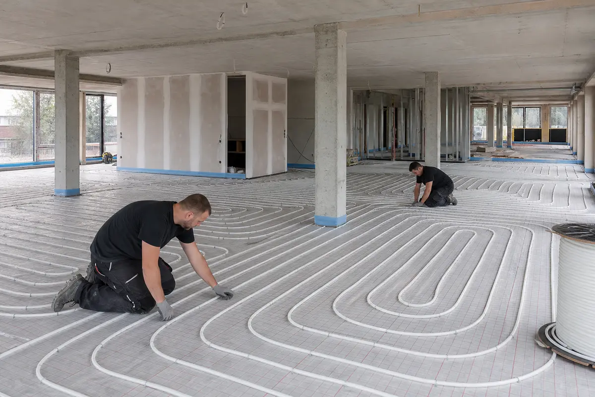 Betonkernactivering of vloerverwarming in een casco project met monteurs aan de installatie