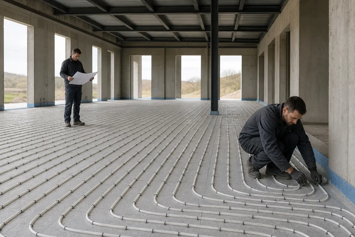 Vloerverwarming bedrijfshal in aanbouw met twee monteurs en leidingen in patroon