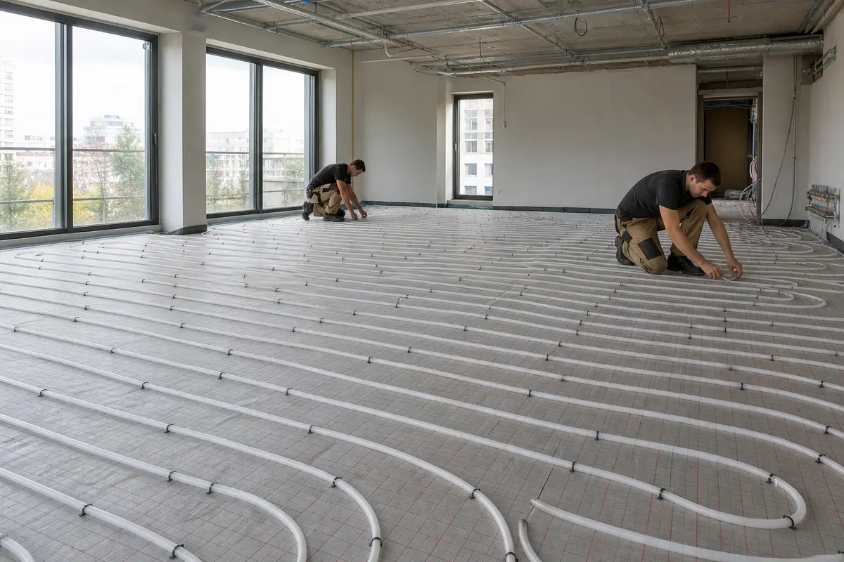 Vloerverwarming kantoor in een onafgewerkt kantoorpand met monteurs aan het werk