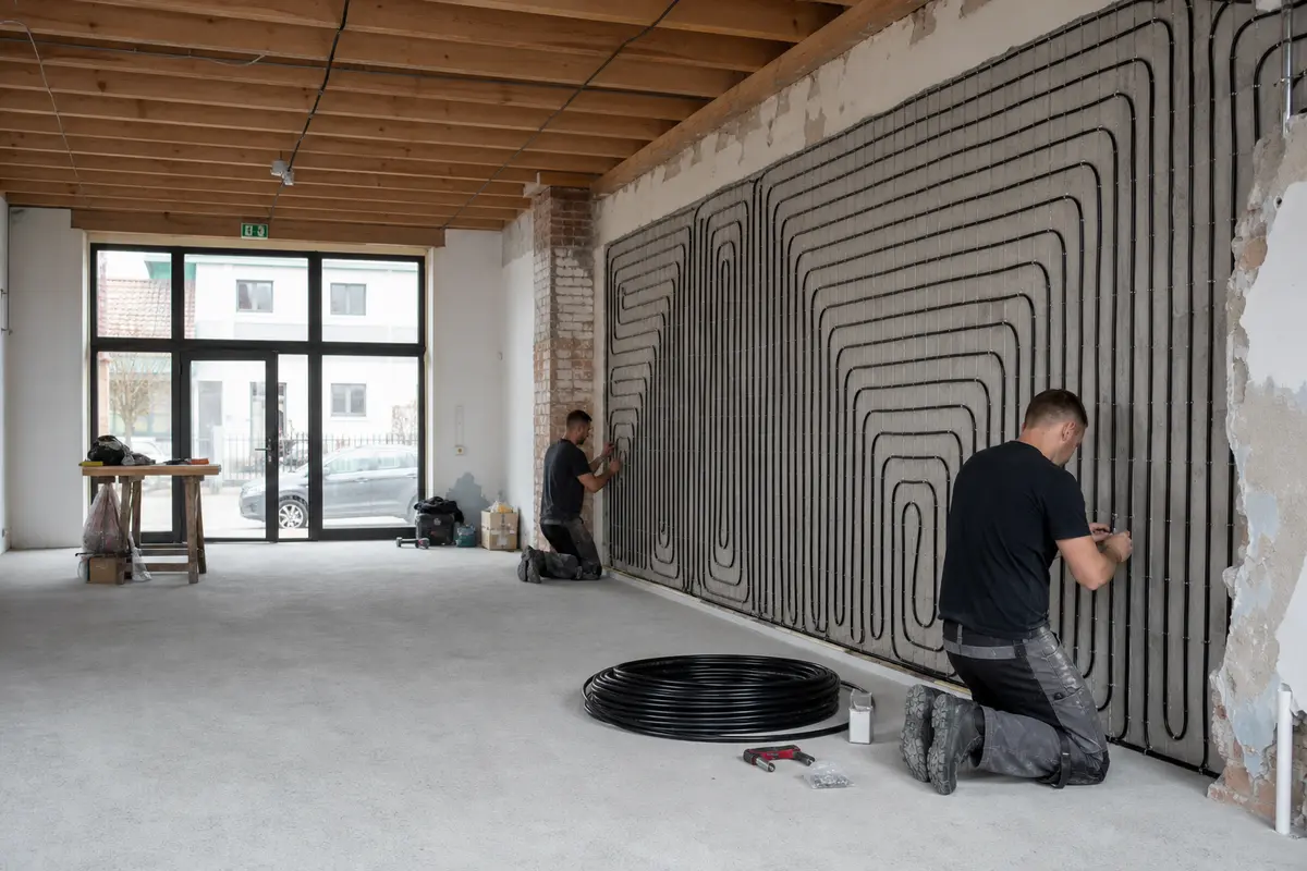 Wandverwarming renovatie in een casco ruimte met twee monteurs aan de wand
